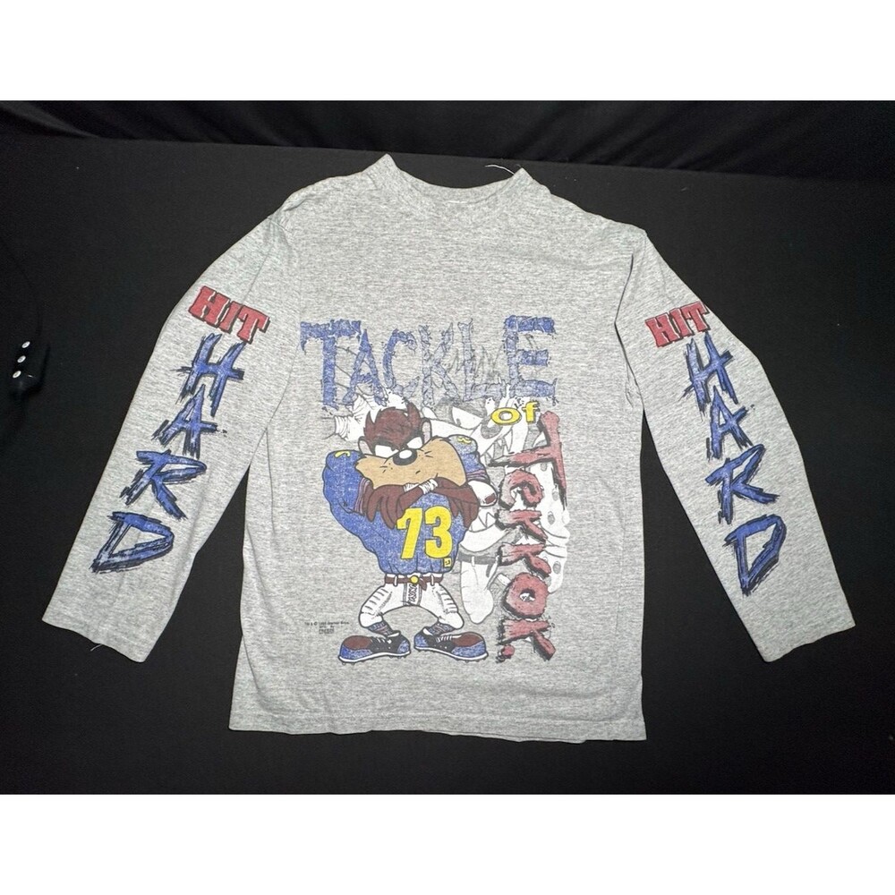 VTG 90s Taz Football Freeze Graphic LS - Tackle Terror Youth Lg Looney Tunes